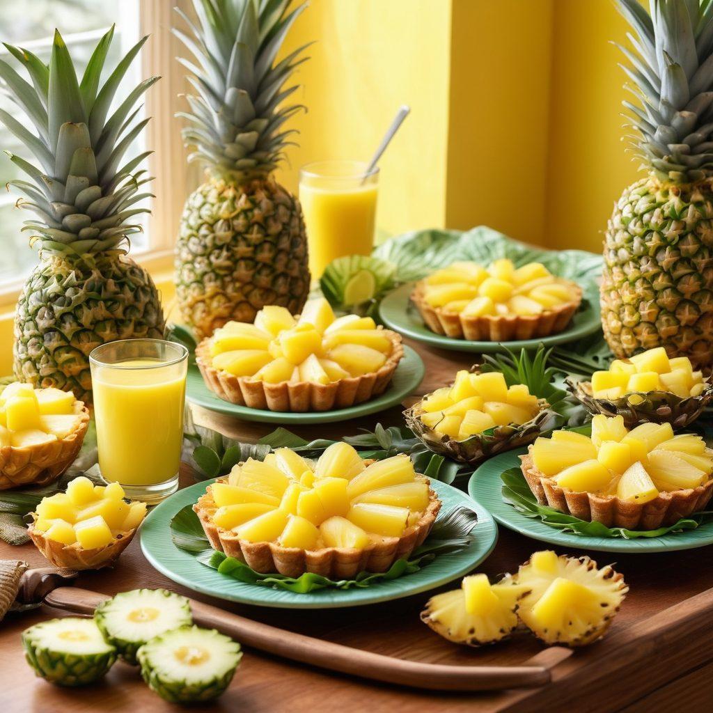 A vibrant, sunlit kitchen scene showcasing an array of delicious pineapple dishes, including pineapple salsa, tropical smoothies, and dessert tartlets. Bright yellow and green colors dominate the composition, with fresh pineapples and fun, colorful utensils surrounding the food, radiating joy and energy. A sunlight ray casts a warm glow over the table, creating an inviting and cheerful atmosphere. super-realistic. vibrant colors. bright background.