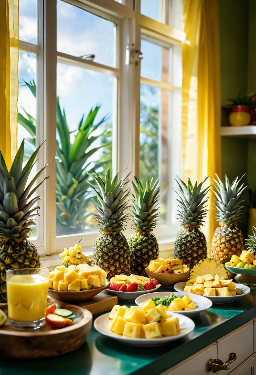 A vibrant kitchen scene showcasing a variety of pineapple dishes, including fresh pineapple slices, tropical smoothies, and colorful desserts arranged beautifully. Sunlight streams through a window, illuminating the cheerful atmosphere created by the bright yellows and greens of the pineapple. A person joyfully preparing and tasting recipes adds to the lively mood. super-realistic. vibrant colors. warm lighting.