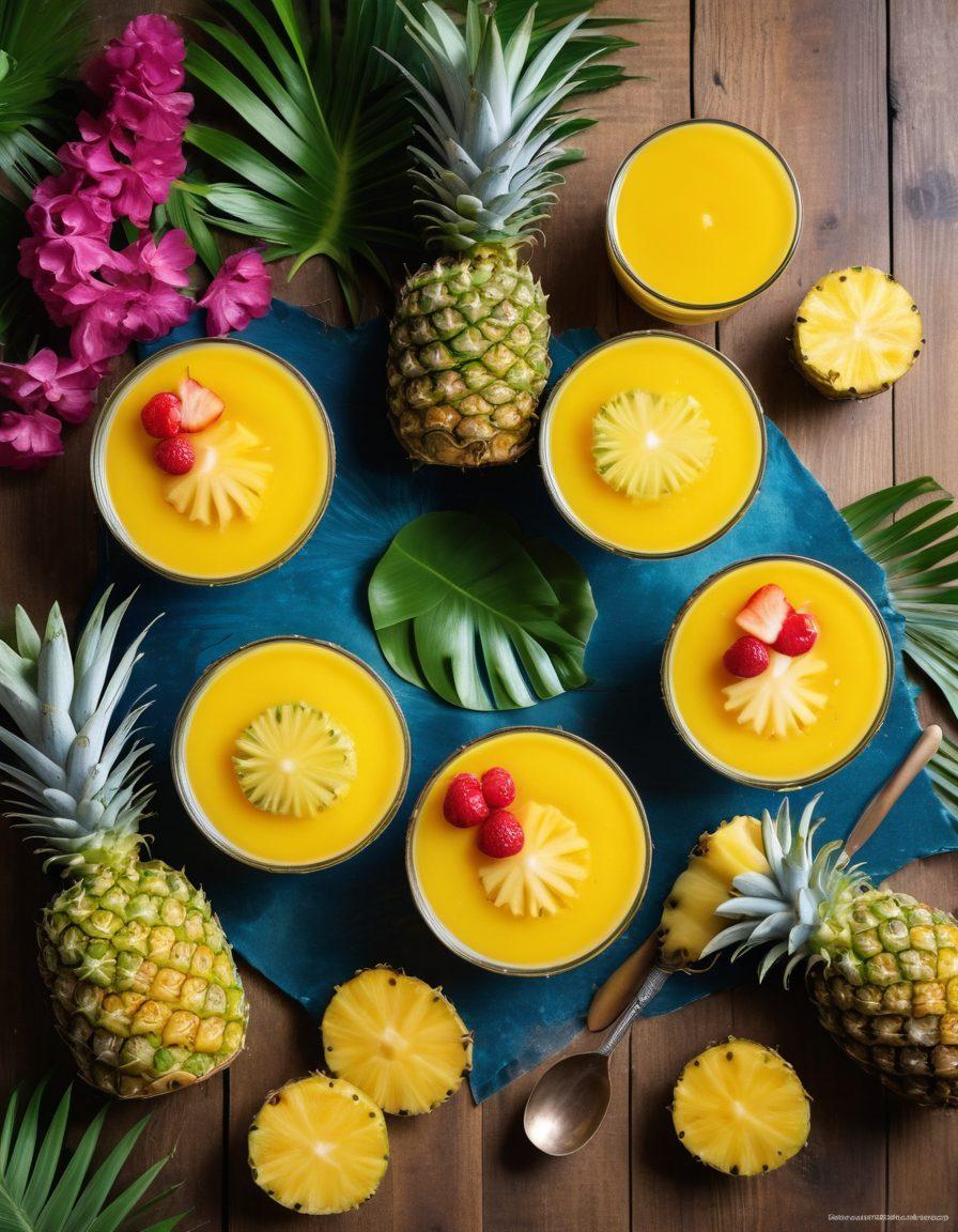 A vibrant collection of 10 pineapple dishes arranged artistically on a rustic wooden table, showcasing colorful smoothies, sassy desserts, and juicy fresh pineapples. The background features tropical leaves and a hint of sunshine filtering through, symbolizing happiness and refreshment. Eye-catching details include a sparkling glass of smoothie, a luscious pineapple cake, and tropical fruit garnishes. Bright, cheerful colors create a joyful atmosphere. super-realistic. vibrant colors. natural light.